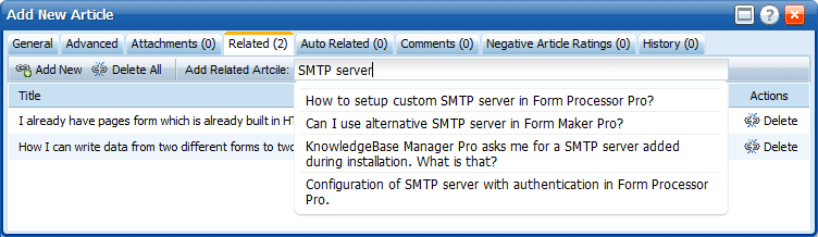 Auto Completer for related articles in KnowledgeBase Manager Pro