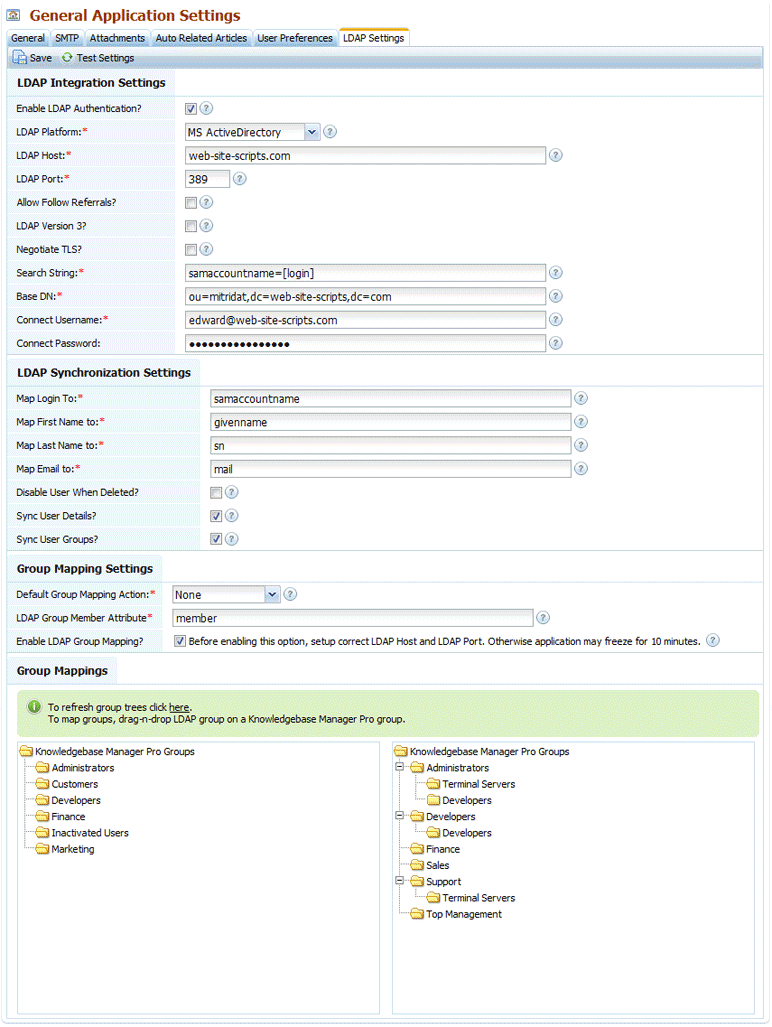 LDAP Settings allowed in Knowledge Base Software