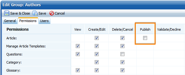 Publishing permission in knowledge base software