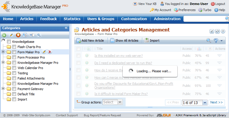 Ajax implementation in Knowledge Base Manager Pro