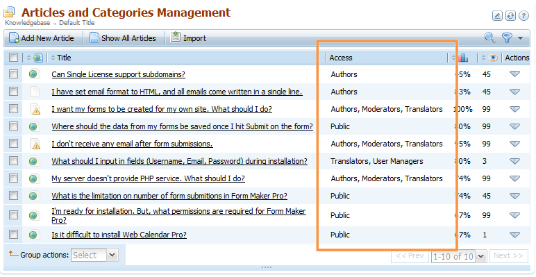 Quick overview of article access restrictions in Knowledge Base Software