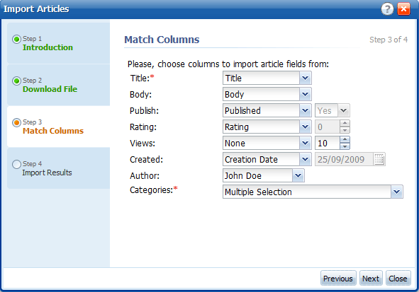 Articles importing wizard