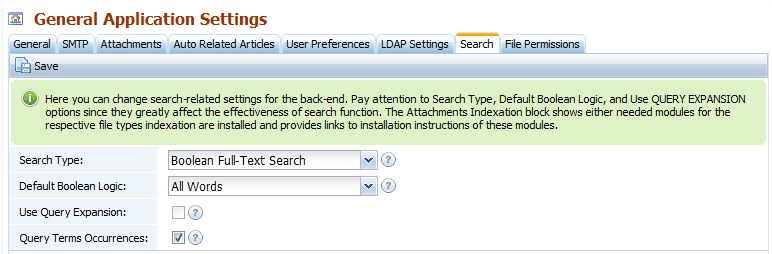 Back-end search settings for the knowledge base