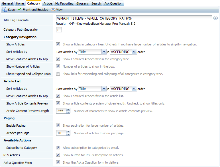 Knowledge Base Front-end Category Settings