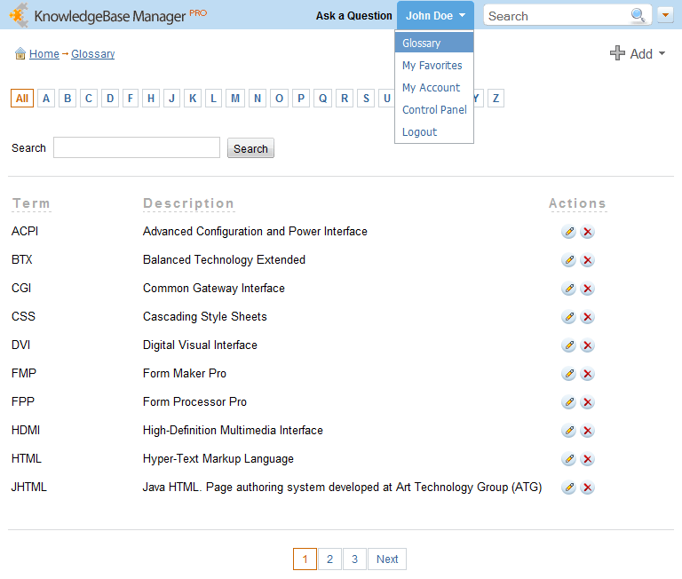 Glossary for knowledge management systems