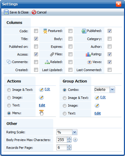 Article grid settings