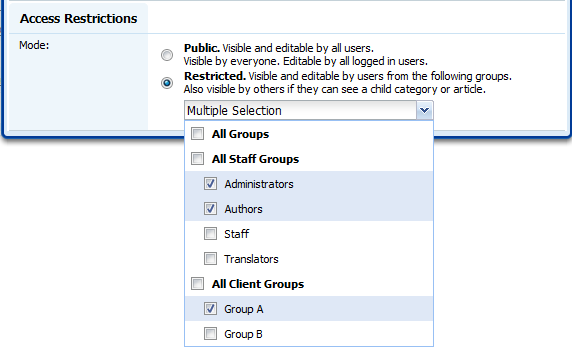 Article and category access restrictions in Knowledge Base Software