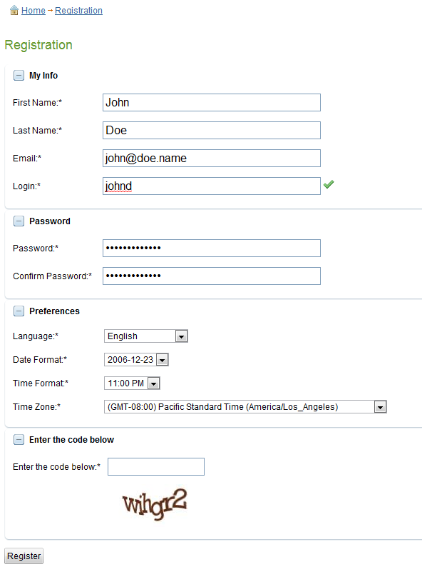 User registration form