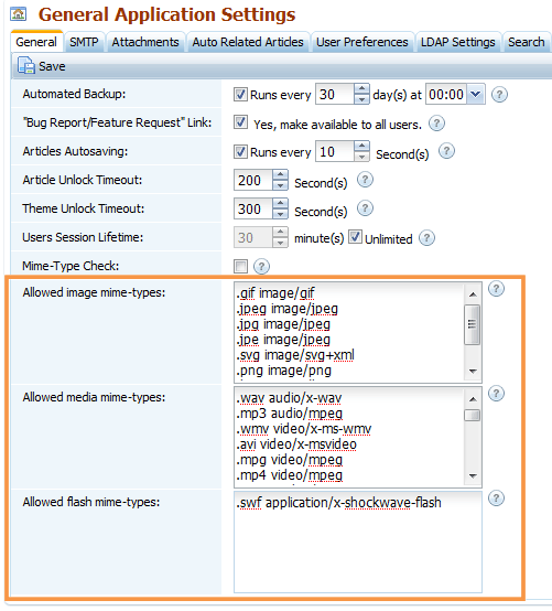 Settings for media mime-types