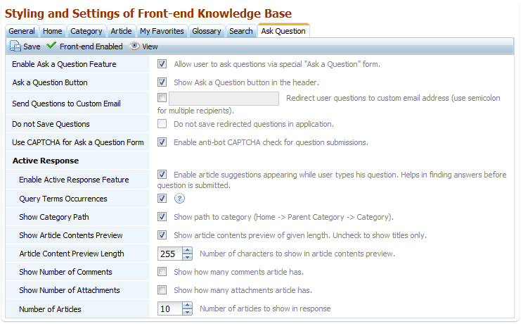 Active response settings for knowledgebase