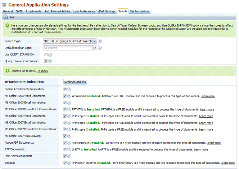 Back-end search settings for the knowledge base