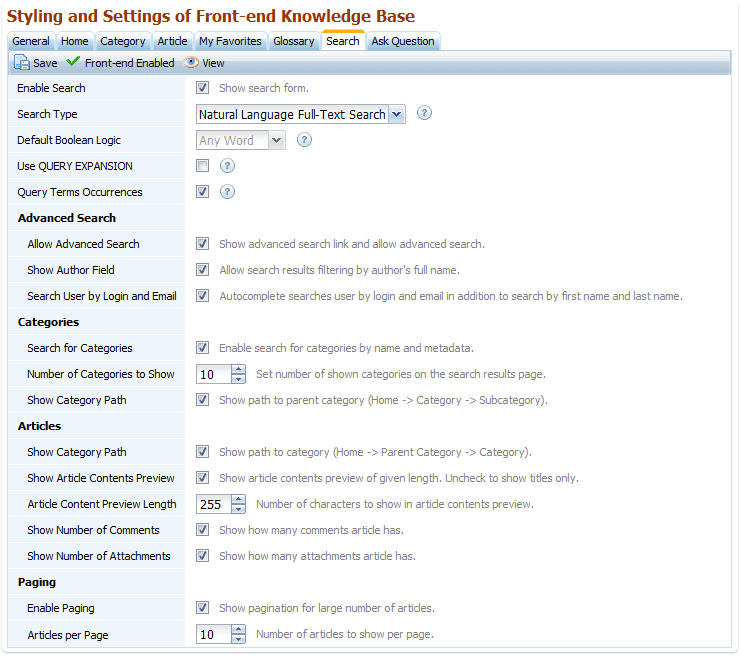 front-end search settings for the knowledge base