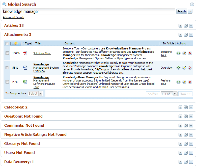 Back-end search results with folded data grids in knowledge base software