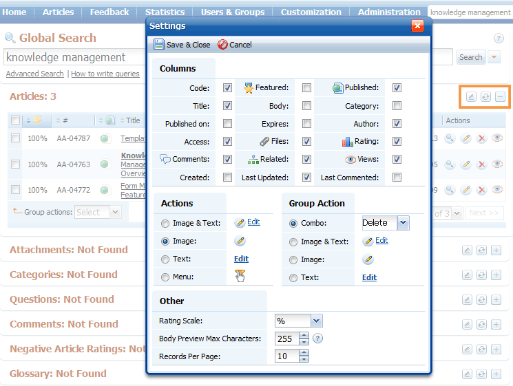 Data grid preferences in back-end search results in knowledge base