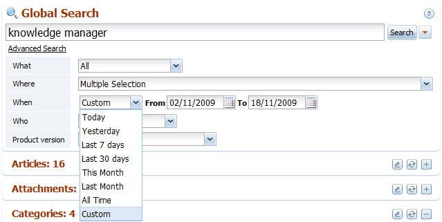 The When option in back-end search of knowledge base software