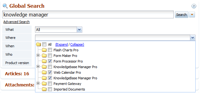 The Where option in back-end search of knowledge base software