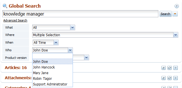 The Who option in back-end search of knowledge base software