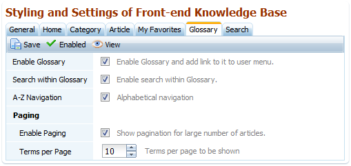 Glossary settings in customer knowledge management system