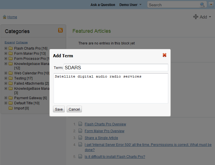 Quick add term at the knowledge base software front-end